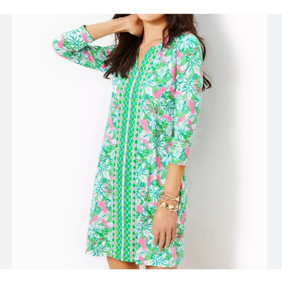 Lilly Pulitzer Dresses & Skirts - Lilly Pulitzer Nadine Dress Womens Large Multicolor Floral 3/4 Sleeve Tropical